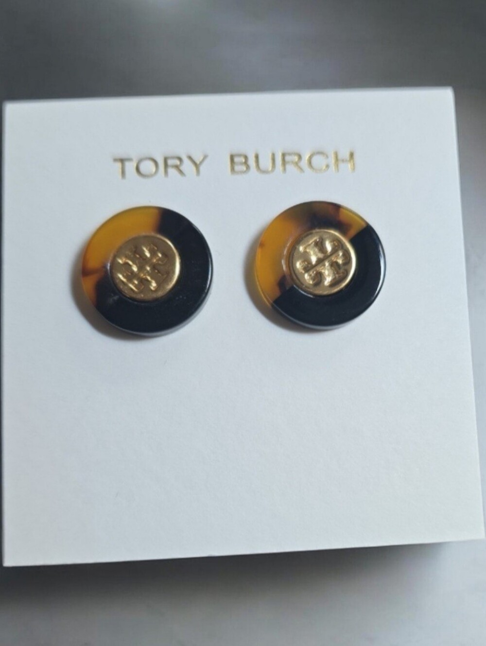 Tory Burch Two-Tone Tortoiseshell and Black Logo Stud Earrings